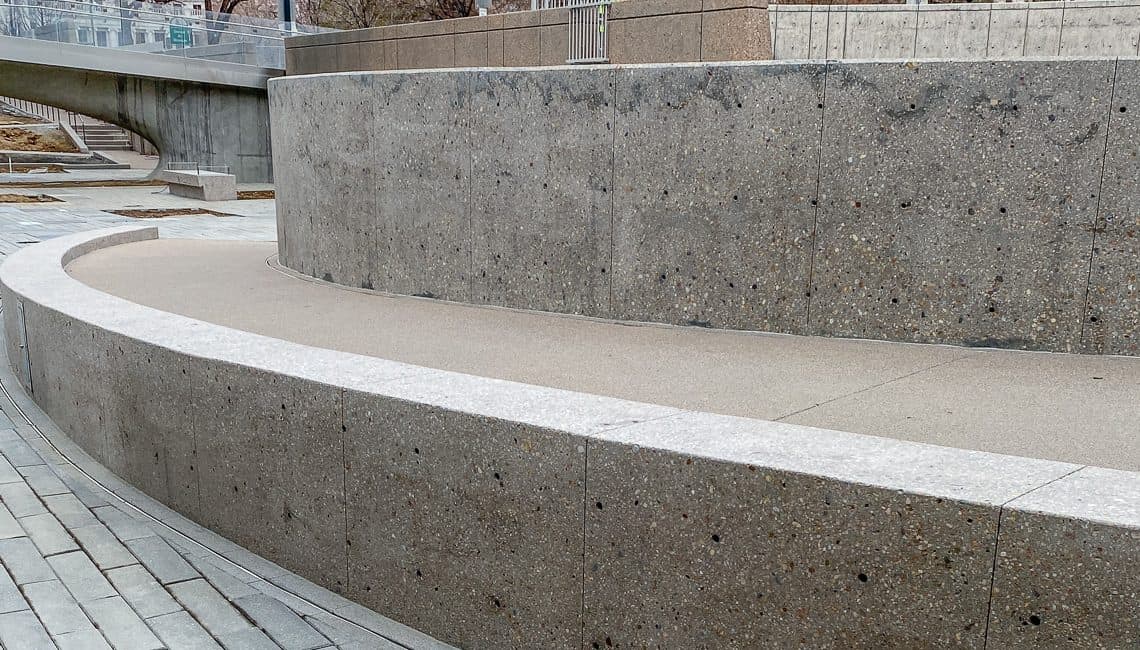 Front facing view of polished concrete benches at Denver Art Museum.