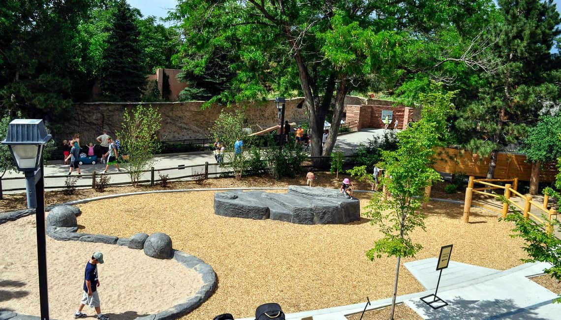 Northern Shores at Denver Zoo shotcrete rock stream bed, sandbox, and boulders to climb on.