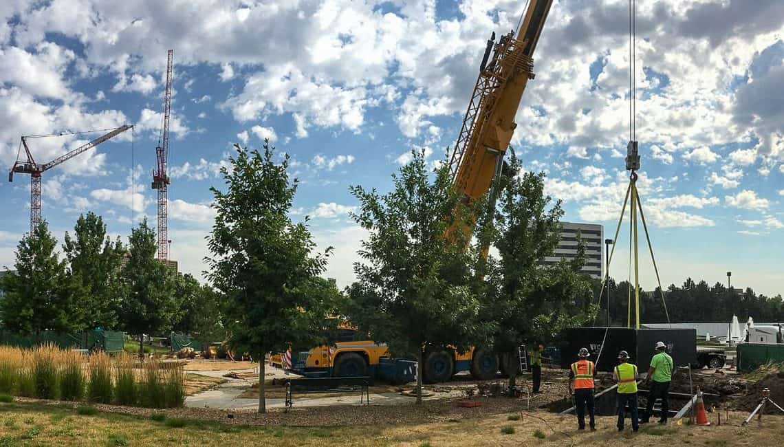 Mechanical vault installation for Denver Tech Center water feature with three geyser nozzles.