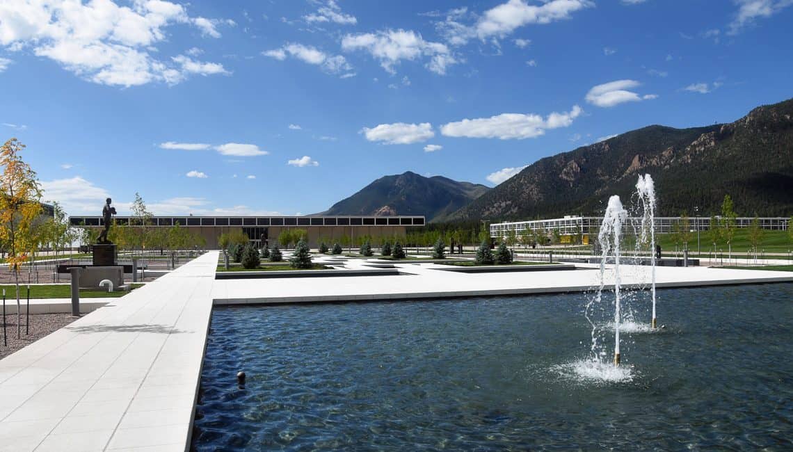 USAFA Air Gardens North Pool and water fountains.