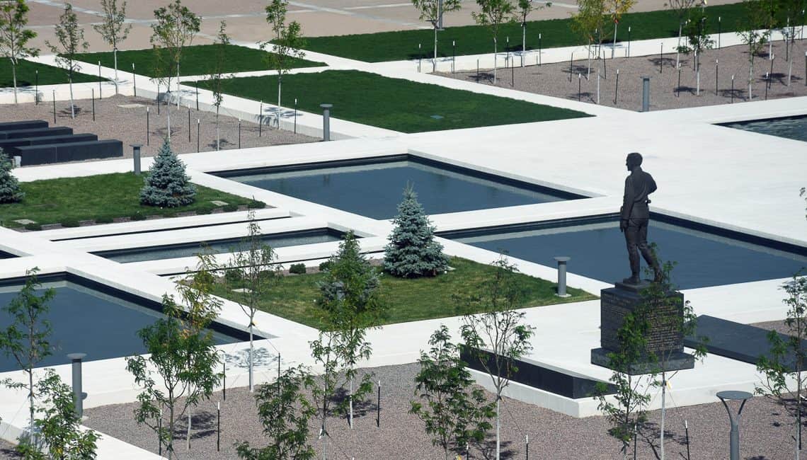 USAFA Air Gardens overhead shot of memorial, pools, and flatwork done by Colorado Hardscapes 2021.